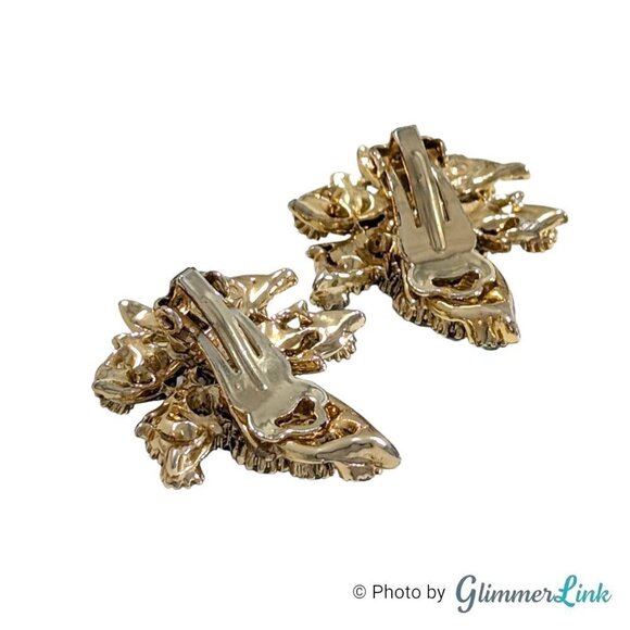 Vintage BSK Aurora Borealis Maple Leaf Gold Tone Ear Climber Clip On Earrings - Picture 7 of 9